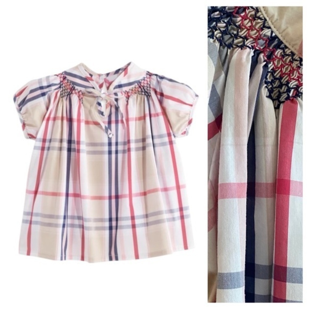 Bella Bliss Beige Red Blue Plaid Smocked Puff Sleeve Top Blouse 7